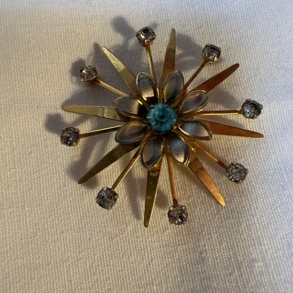 Vintage Mazer Starburst Brooch Teal Gem Gold Tone Starburst Flower Pin Women